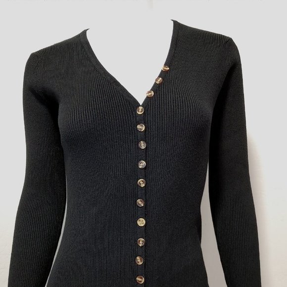 Black Deep V Neck Button Down Long Knit Bodycon Dress / Long Sleeve  Siz… - Picture 5 of 16